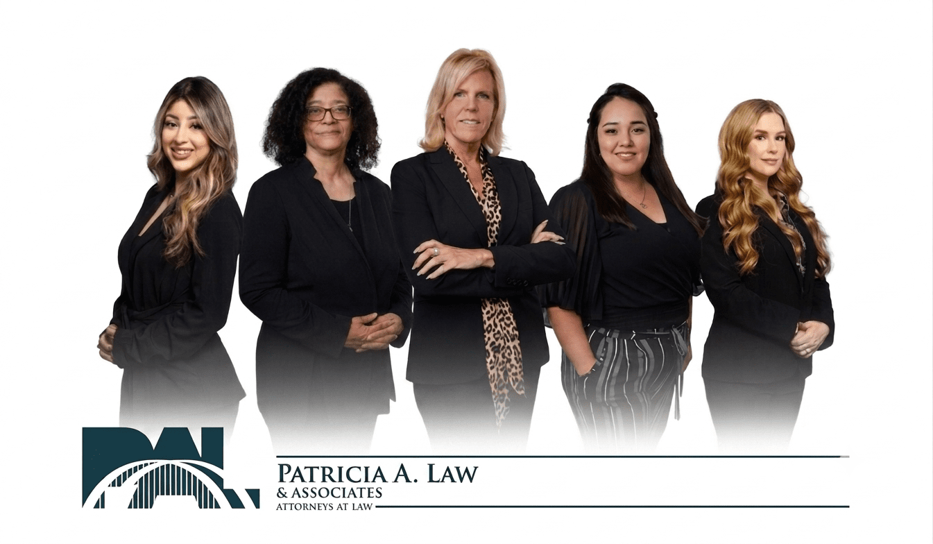 Five women attorneys posing with law firm logo